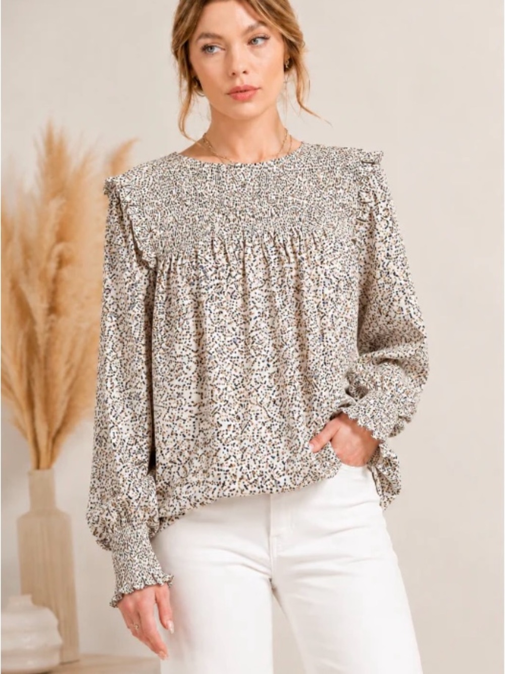 Kori Cream Speckled Floral Smocked Yoke Blouse